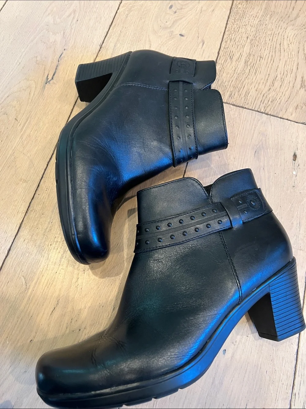 Clarks Black Leather Ankle Booties with Decorative Strap